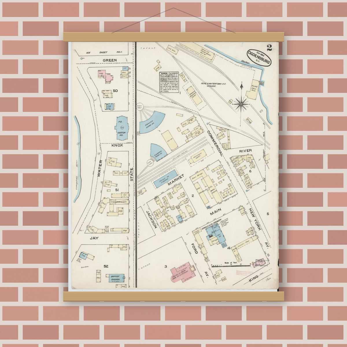 Old map wall art mockup — magnetic wood frame on brick wall — Sanborn Fire Insurance Map from Ogdensburg, St. Lawrence County, New York (1884), Sheet #0002