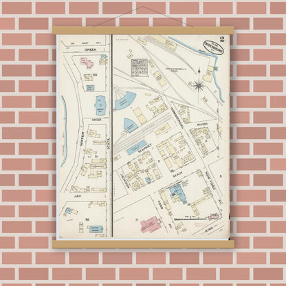 Old map wall art mockup — magnetic wood frame on brick wall — Sanborn Fire Insurance Map from Ogdensburg, St. Lawrence County, New York (1884), Sheet #0002