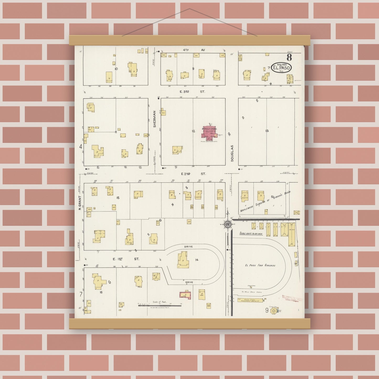 Old map wall art mockup — magnetic wood frame on brick wall — Sanborn Fire Insurance Map from El Paso, Woodford County, Illinois (1922), Sheet #0008