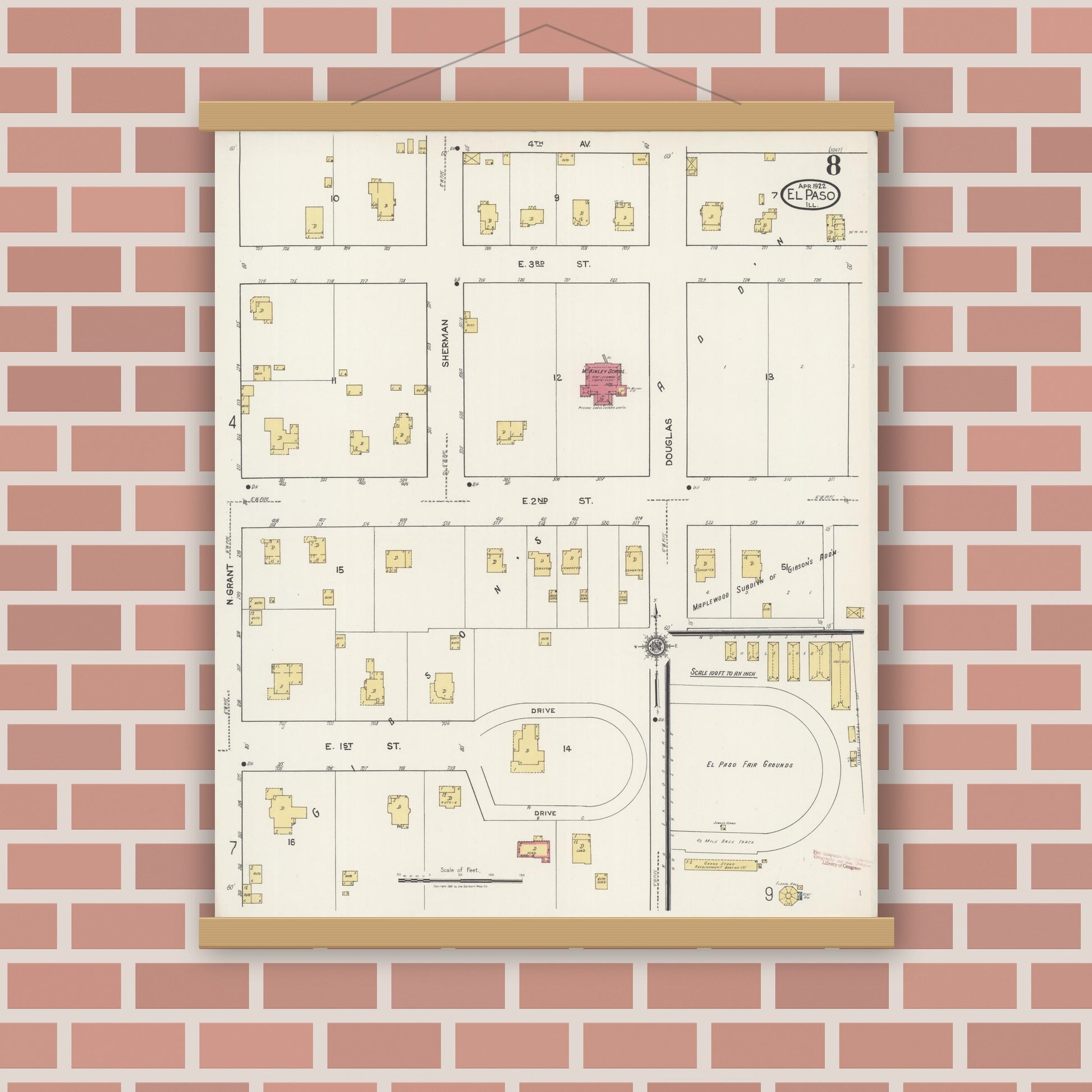 Old map wall art mockup — magnetic wood frame on brick wall — Sanborn Fire Insurance Map from El Paso, Woodford County, Illinois (1922), Sheet #0008