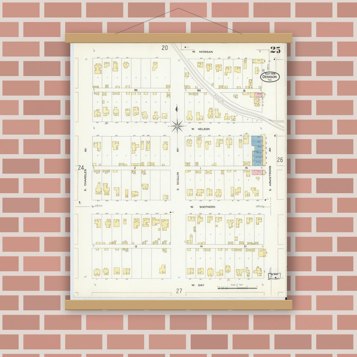 Old map wall art mockup — magnetic wood frame on brick wall — Sanborn Fire Insurance Map from Denison, Grayson County, Texas (1908), Sheet #0025