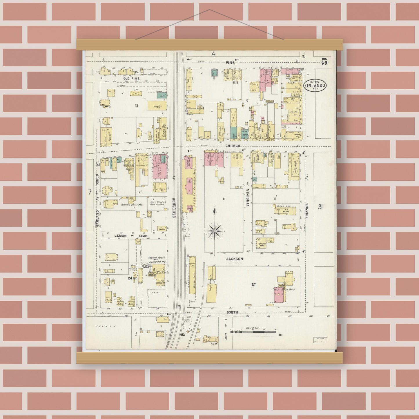 Old map wall art mockup — magnetic wood frame on brick wall — Sanborn Fire Insurance Map from Orlando, Orange County, Florida (1897), Sheet #0005