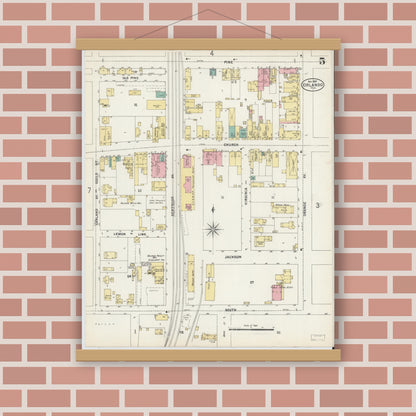 Old map wall art mockup — magnetic wood frame on brick wall — Sanborn Fire Insurance Map from Orlando, Orange County, Florida (1897), Sheet #0005