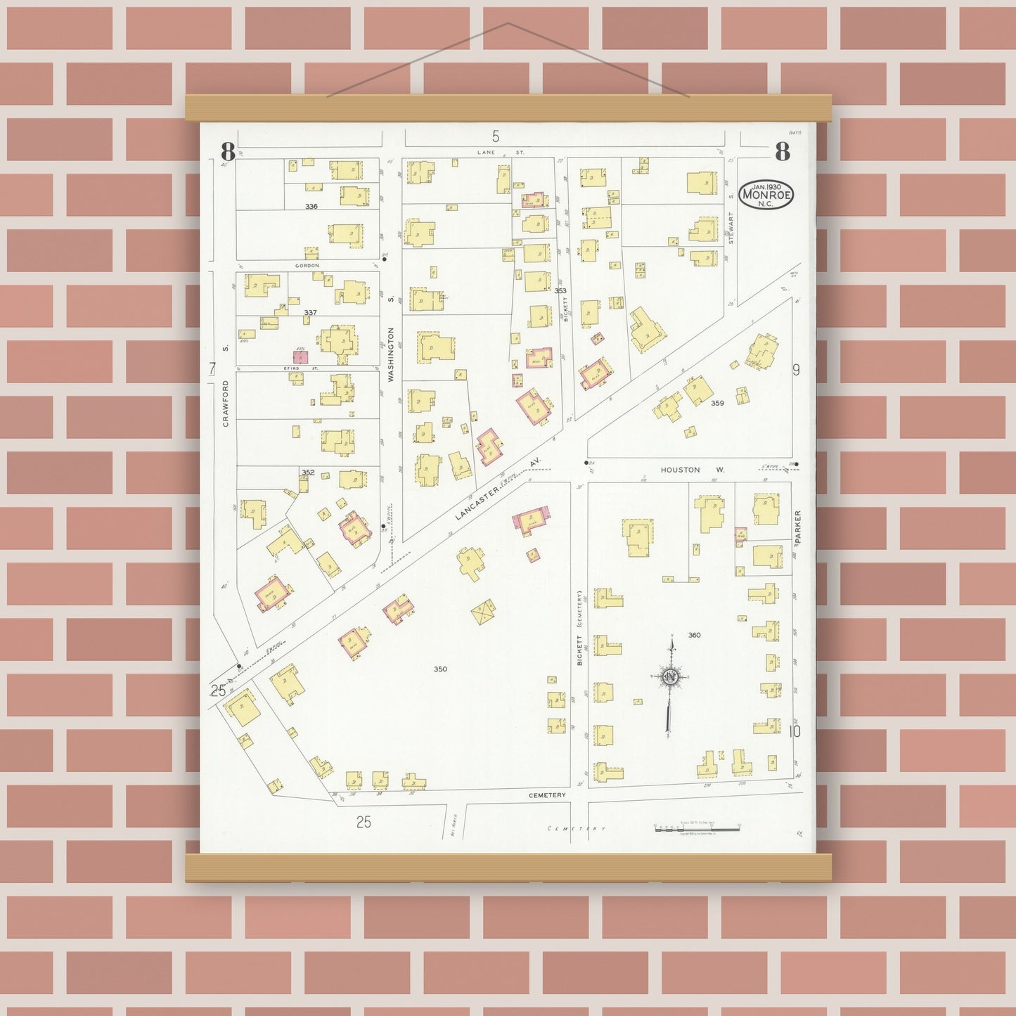 Old map wall art mockup — magnetic wood frame on brick wall — Sanborn Fire Insurance Map from Monroe, Union County, North Carolina (1930), Sheet #0008