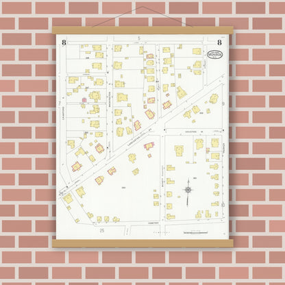 Old map wall art mockup — magnetic wood frame on brick wall — Sanborn Fire Insurance Map from Monroe, Union County, North Carolina (1930), Sheet #0008