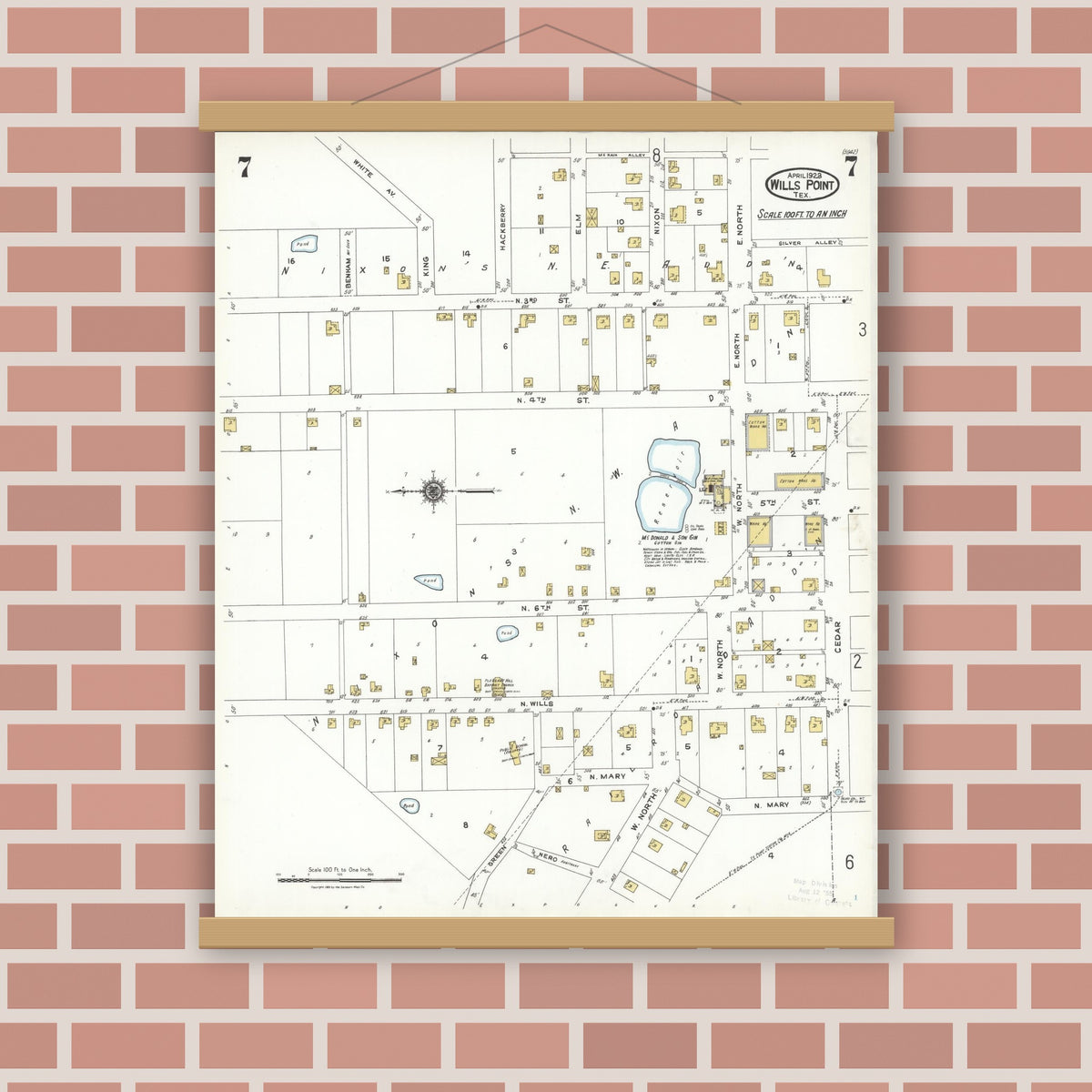 Old map wall art mockup — magnetic wood frame on brick wall — Sanborn Fire Insurance Map from Wills Point, Van Zandt County, Texas (1923), Sheet #0007