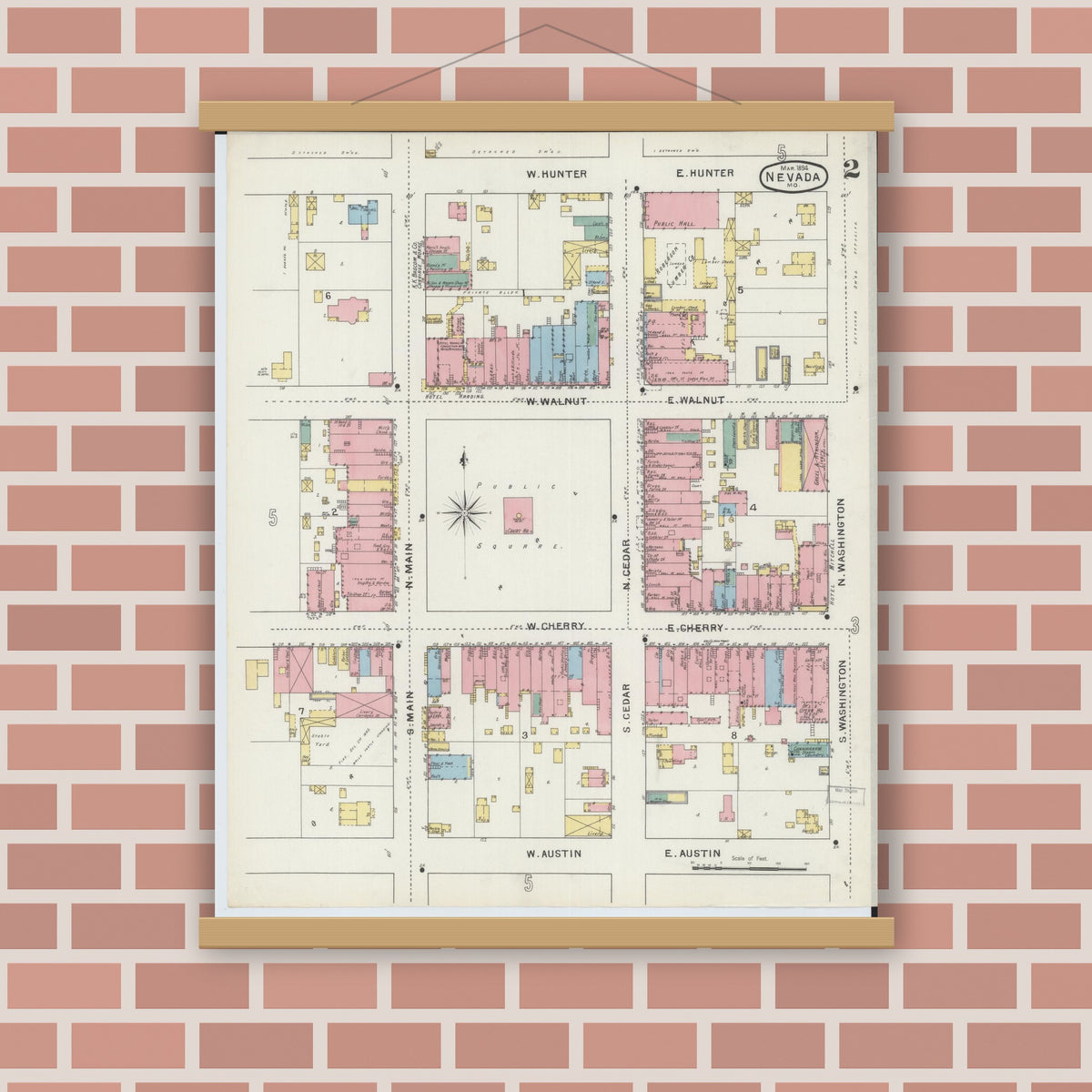 Old map wall art mockup — magnetic wood frame on brick wall — Sanborn Fire Insurance Map from Nevada, Vernon County, Missouri (1894), Sheet #0002