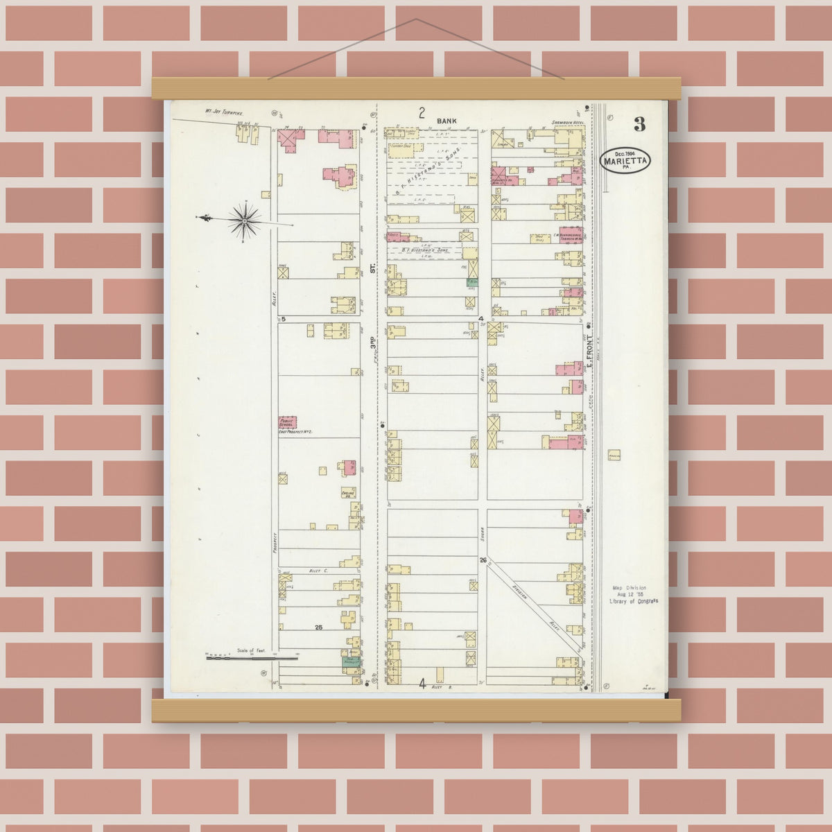 Old map wall art mockup — magnetic wood frame on brick wall — Sanborn Fire Insurance Map from Marietta, Lancaster County, Pennsylvania (1904), Sheet #0003