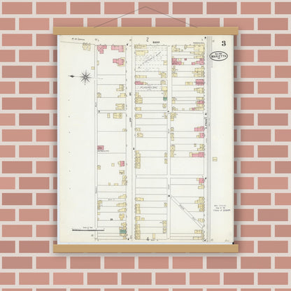 Old map wall art mockup — magnetic wood frame on brick wall — Sanborn Fire Insurance Map from Marietta, Lancaster County, Pennsylvania (1904), Sheet #0003