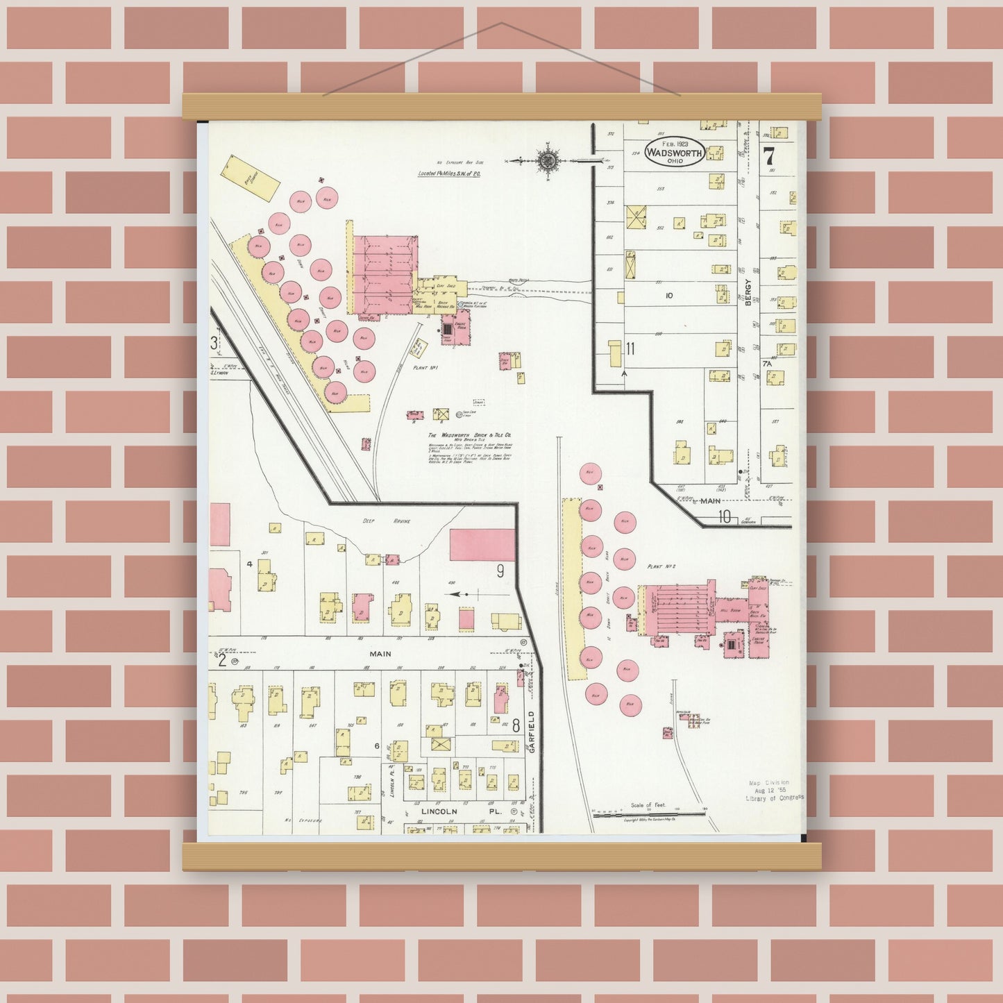 Old map wall art mockup — magnetic wood frame on brick wall — Sanborn Fire Insurance Map from Wadsworth, Medina County, Ohio (1923), Sheet #0007