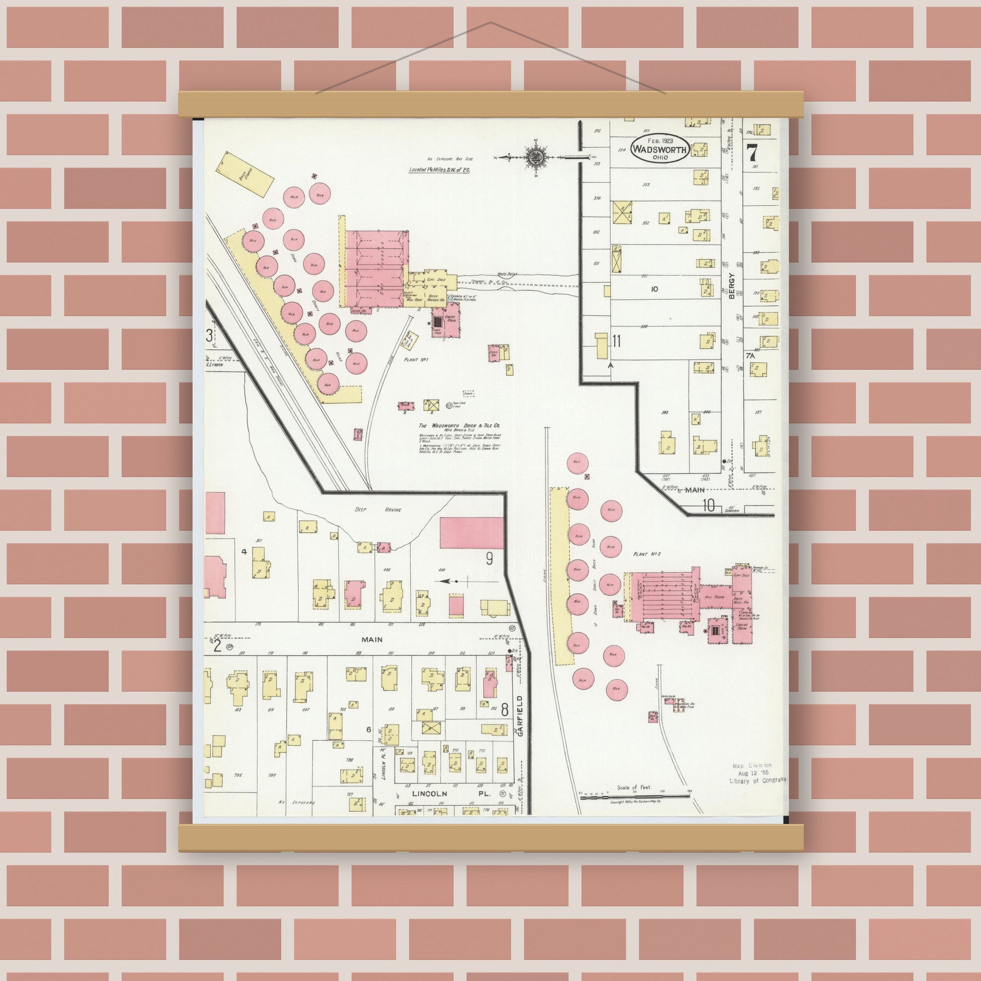 Old map wall art mockup — magnetic wood frame on brick wall — Sanborn Fire Insurance Map from Wadsworth, Medina County, Ohio (1923), Sheet #0007