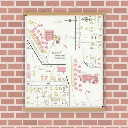 Old map wall art mockup — magnetic wood frame on brick wall — Sanborn Fire Insurance Map from Wadsworth, Medina County, Ohio (1923), Sheet #0007