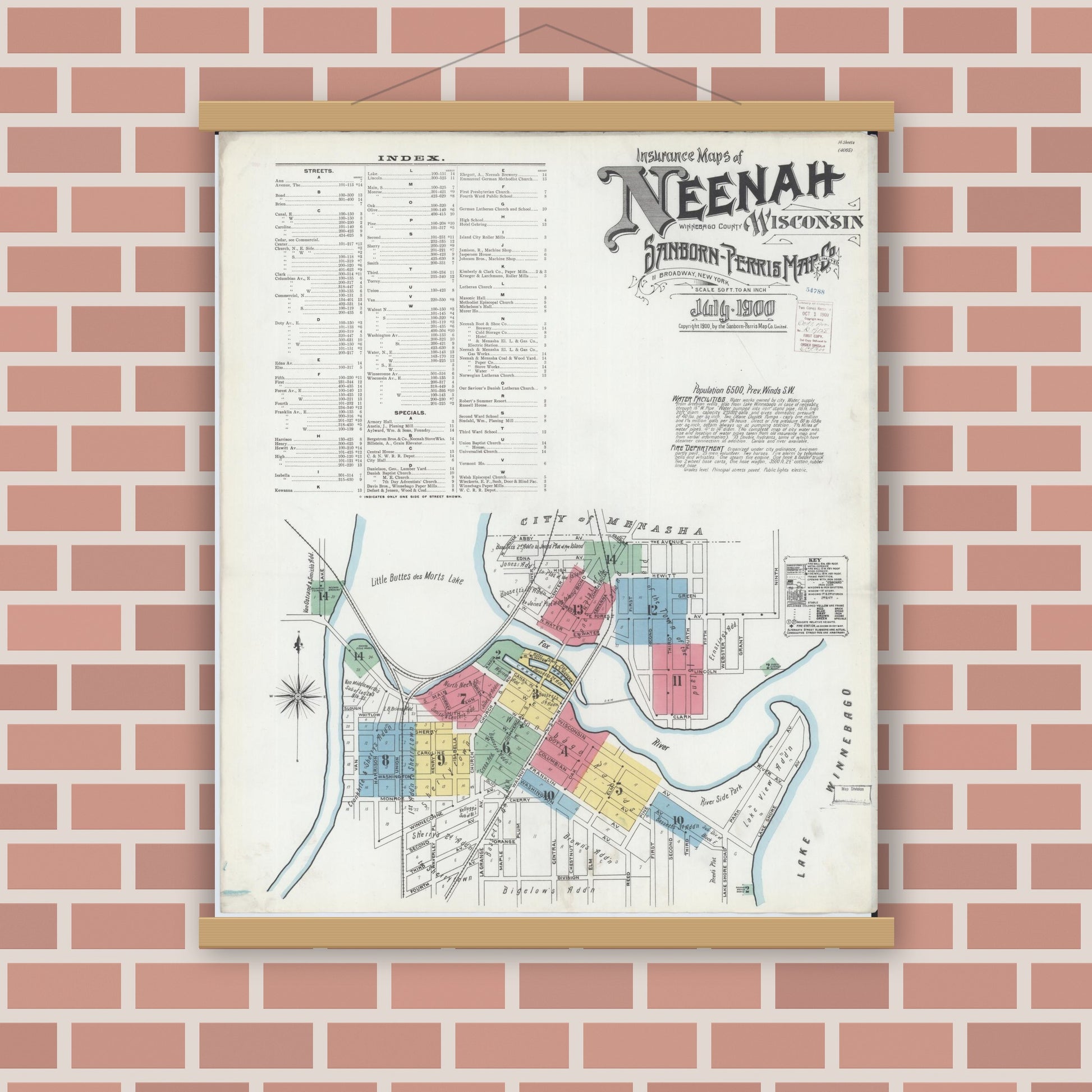 Old map wall art mockup — magnetic wood frame on brick wall — Sanborn Fire Insurance Map from Neenah, Winnebago County, Wisconsin (1900) - Complete Map Set