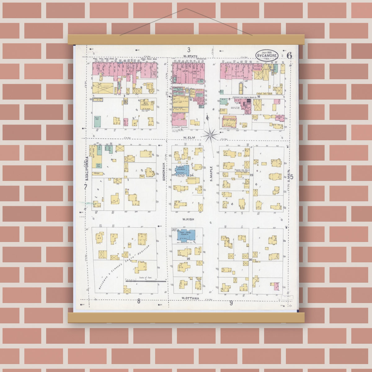 Old map wall art mockup — magnetic wood frame on brick wall — Sanborn Fire Insurance Map from Sycamore, De Kalb County, Illinois (1905), Sheet #0006