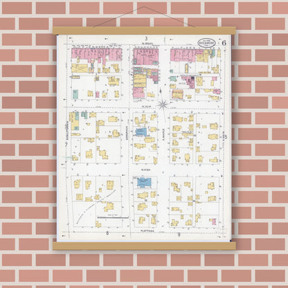 Old map wall art mockup — magnetic wood frame on brick wall — Sanborn Fire Insurance Map from Sycamore, De Kalb County, Illinois (1905), Sheet #0006