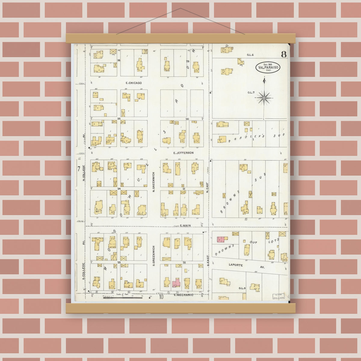 Old map wall art mockup — magnetic wood frame on brick wall — Sanborn Fire Insurance Map from Valparaiso, Porter County, Indiana (1905), Sheet #0008