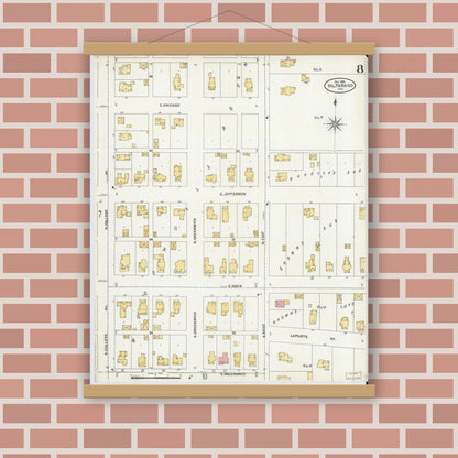 Old map wall art mockup — magnetic wood frame on brick wall — Sanborn Fire Insurance Map from Valparaiso, Porter County, Indiana (1905), Sheet #0008
