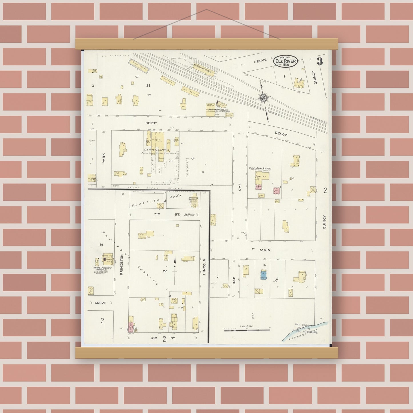Old map wall art mockup — magnetic wood frame on brick wall — Sanborn Fire Insurance Map from Elk River, Sherburne County, Minnesota (1915), Sheet #0003