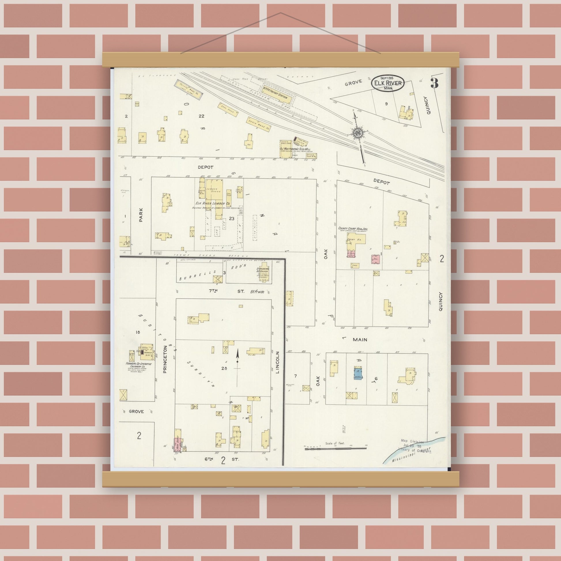 Old map wall art mockup — magnetic wood frame on brick wall — Sanborn Fire Insurance Map from Elk River, Sherburne County, Minnesota (1915), Sheet #0003