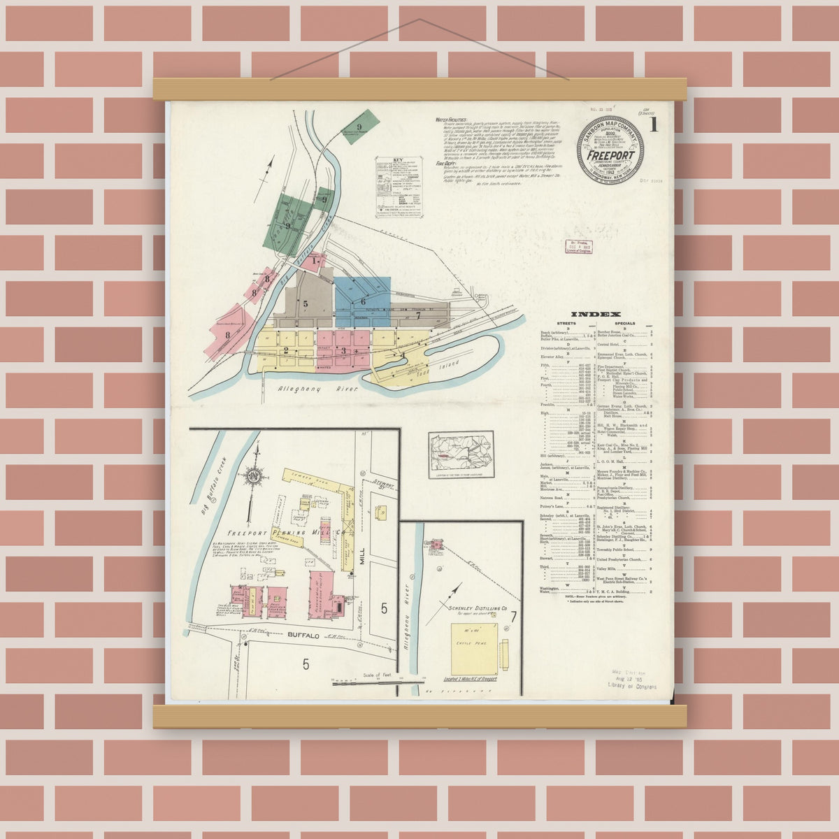 Old map wall art mockup — magnetic wood frame on brick wall — Sanborn Fire Insurance Map from Freeport, Armstrong County, Pennsylvania (1913), Sheet #0001