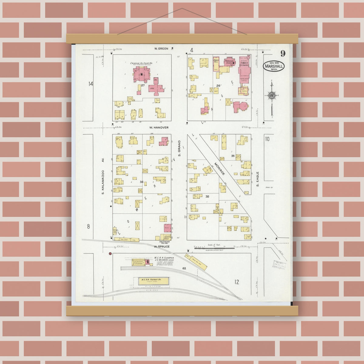 Old map wall art mockup — magnetic wood frame on brick wall — Sanborn Fire Insurance Map from Marshall, Calhoun County, Michigan (1916), Sheet #0009