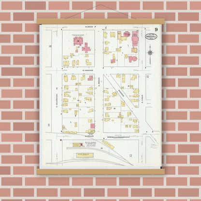 Old map wall art mockup — magnetic wood frame on brick wall — Sanborn Fire Insurance Map from Marshall, Calhoun County, Michigan (1916), Sheet #0009