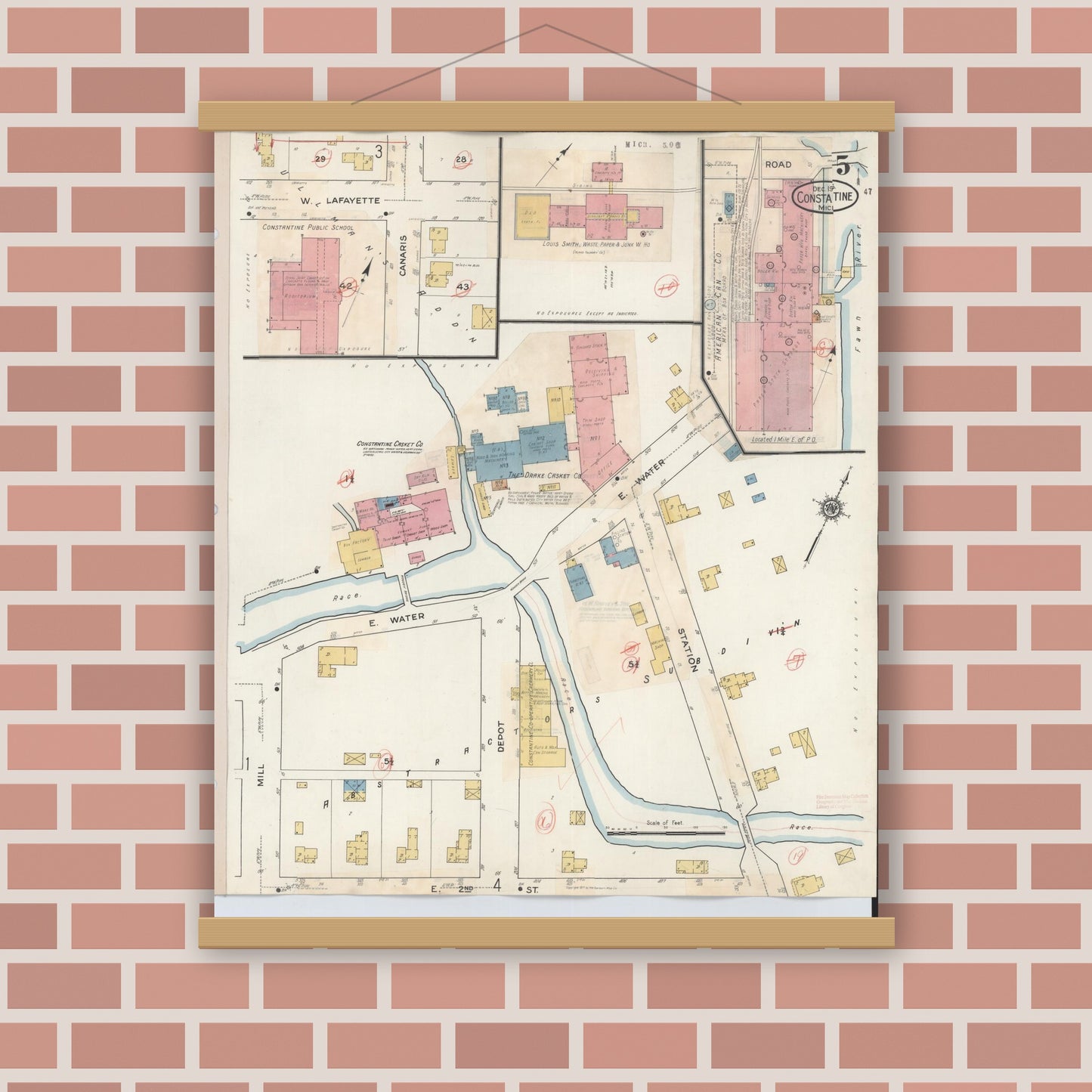 Old map wall art mockup — magnetic wood frame on brick wall — Sanborn Fire Insurance Map from Constantine, Saint Joseph County, Michigan (1932), Sheet #0005