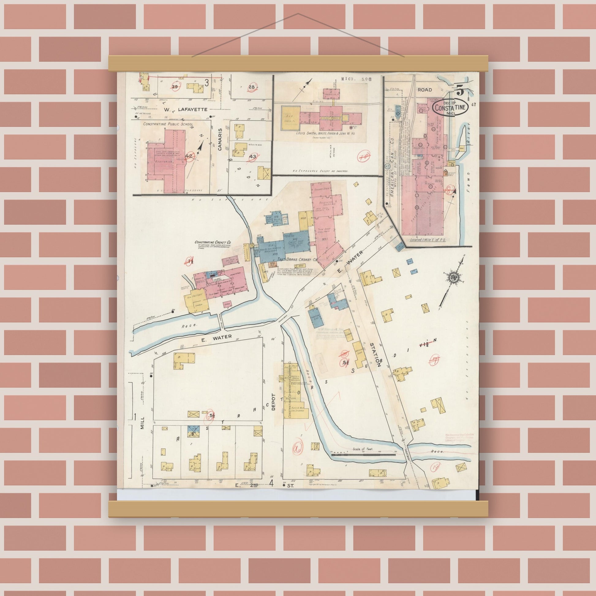 Old map wall art mockup — magnetic wood frame on brick wall — Sanborn Fire Insurance Map from Constantine, Saint Joseph County, Michigan (1932), Sheet #0005