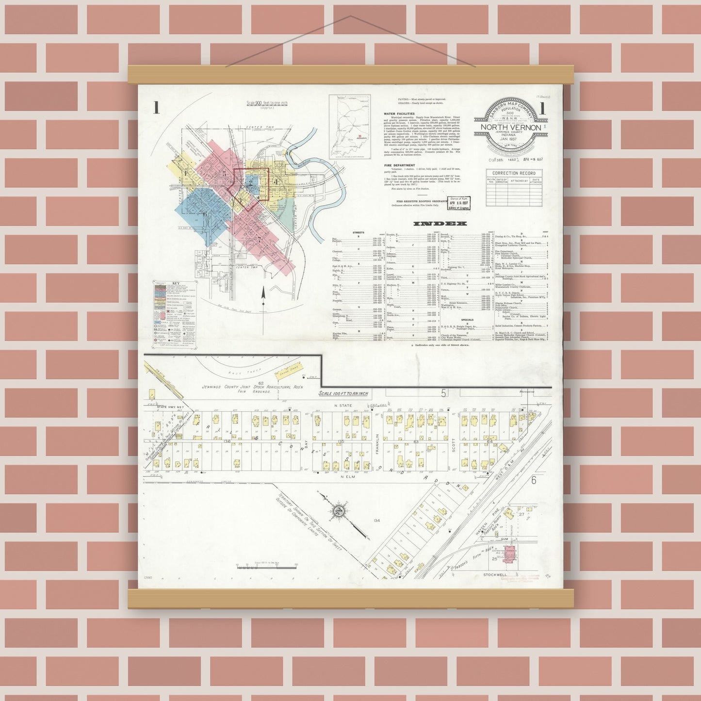 Old map wall art mockup — magnetic wood frame on brick wall — Sanborn Fire Insurance Map from North Vernon, Jennings County, Indiana (1937) - Complete Map Set