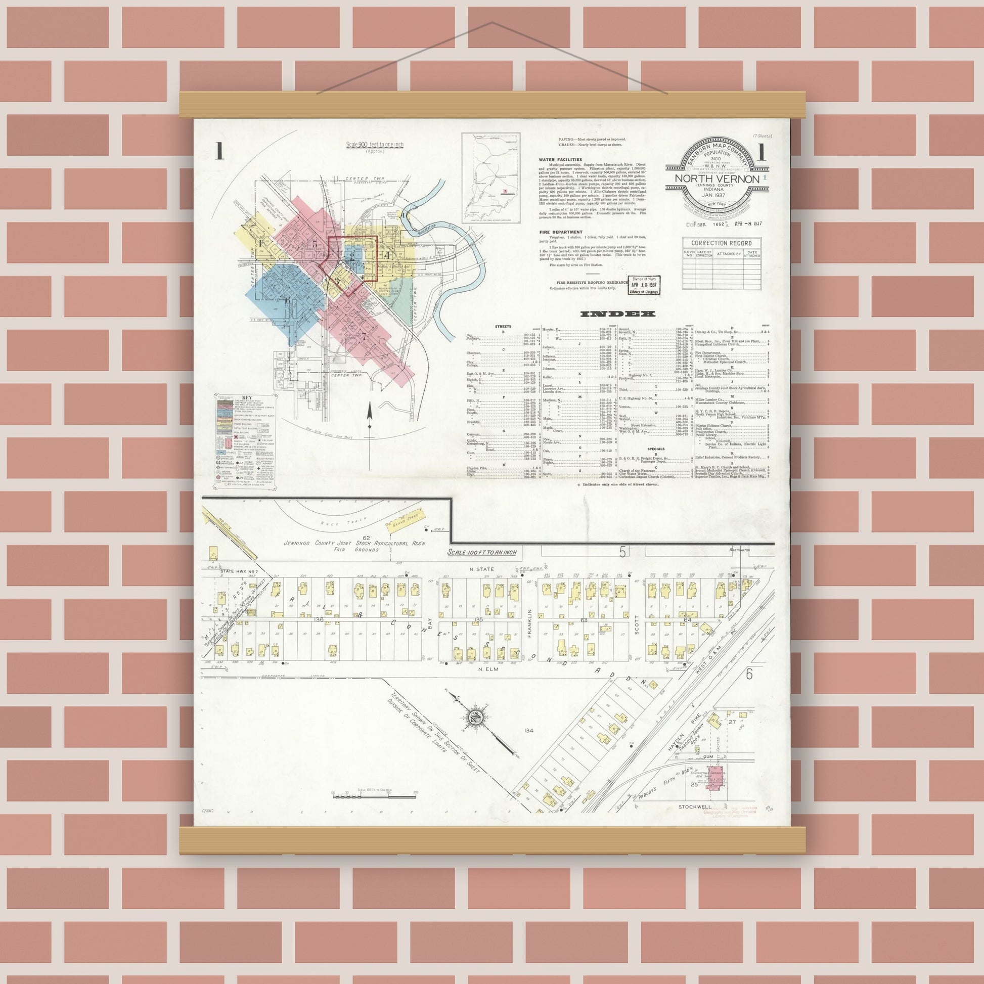 Old map wall art mockup — magnetic wood frame on brick wall — Sanborn Fire Insurance Map from North Vernon, Jennings County, Indiana (1937) - Complete Map Set