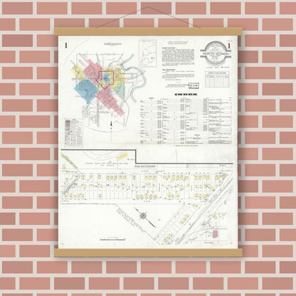 Old map wall art mockup — magnetic wood frame on brick wall — Sanborn Fire Insurance Map from North Vernon, Jennings County, Indiana (1937) - Complete Map Set
