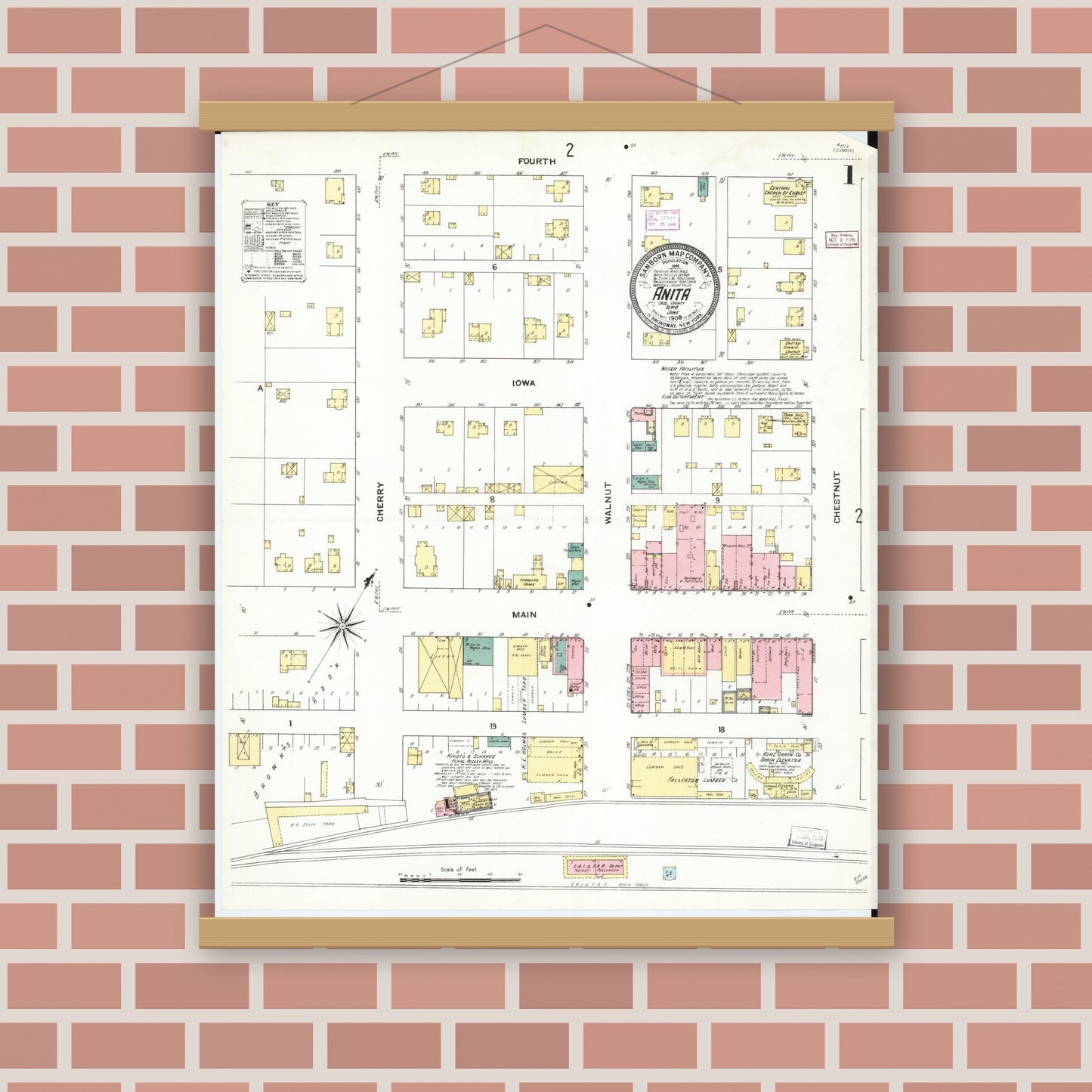 Old map wall art mockup — magnetic wood frame on brick wall — Sanborn Fire Insurance Map from Anita, Cass County, Iowa (1909), Sheet #0001