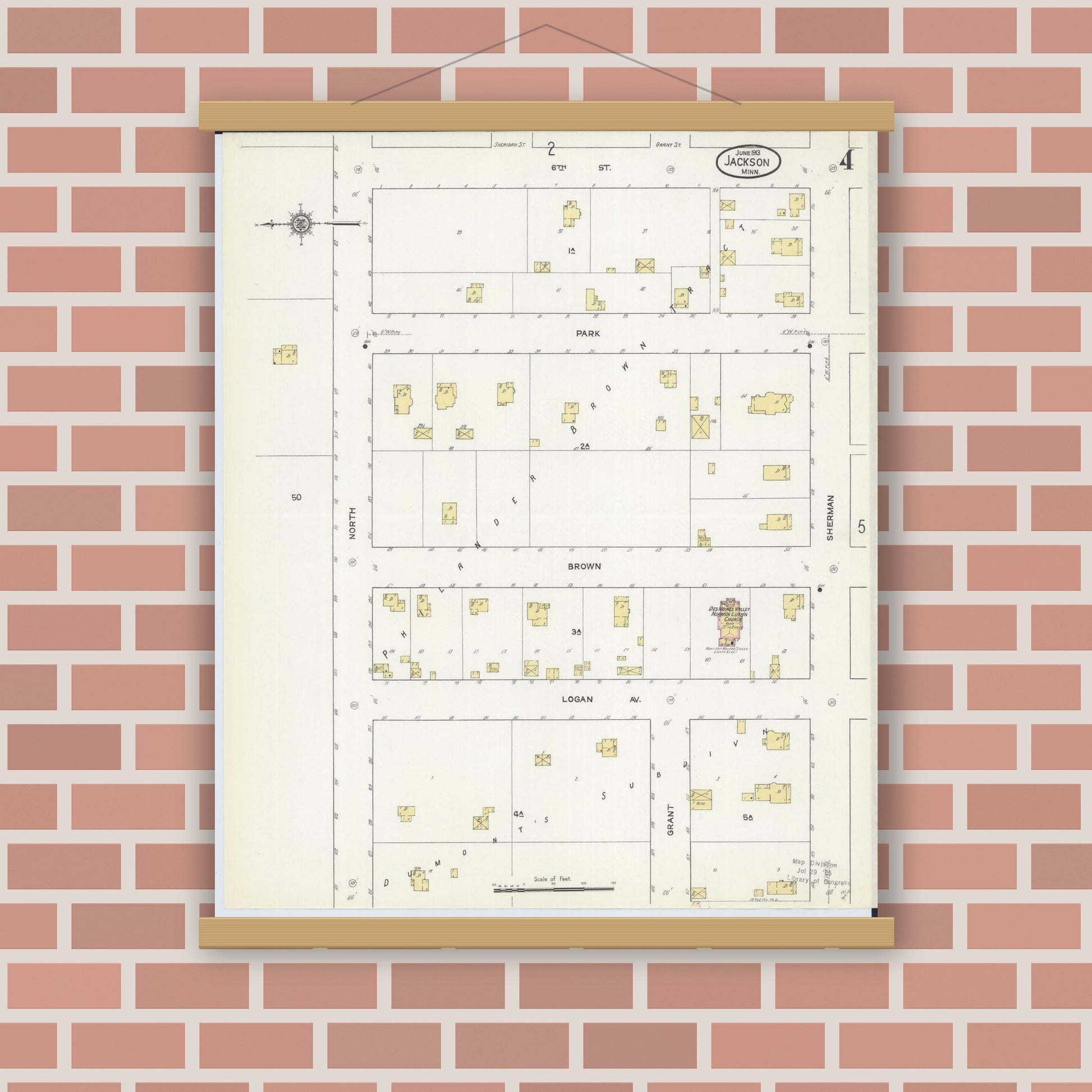 Old map wall art mockup — magnetic wood frame on brick wall — Sanborn Fire Insurance Map from Jackson, Jackson County, Minnesota (1913), Sheet #0004
