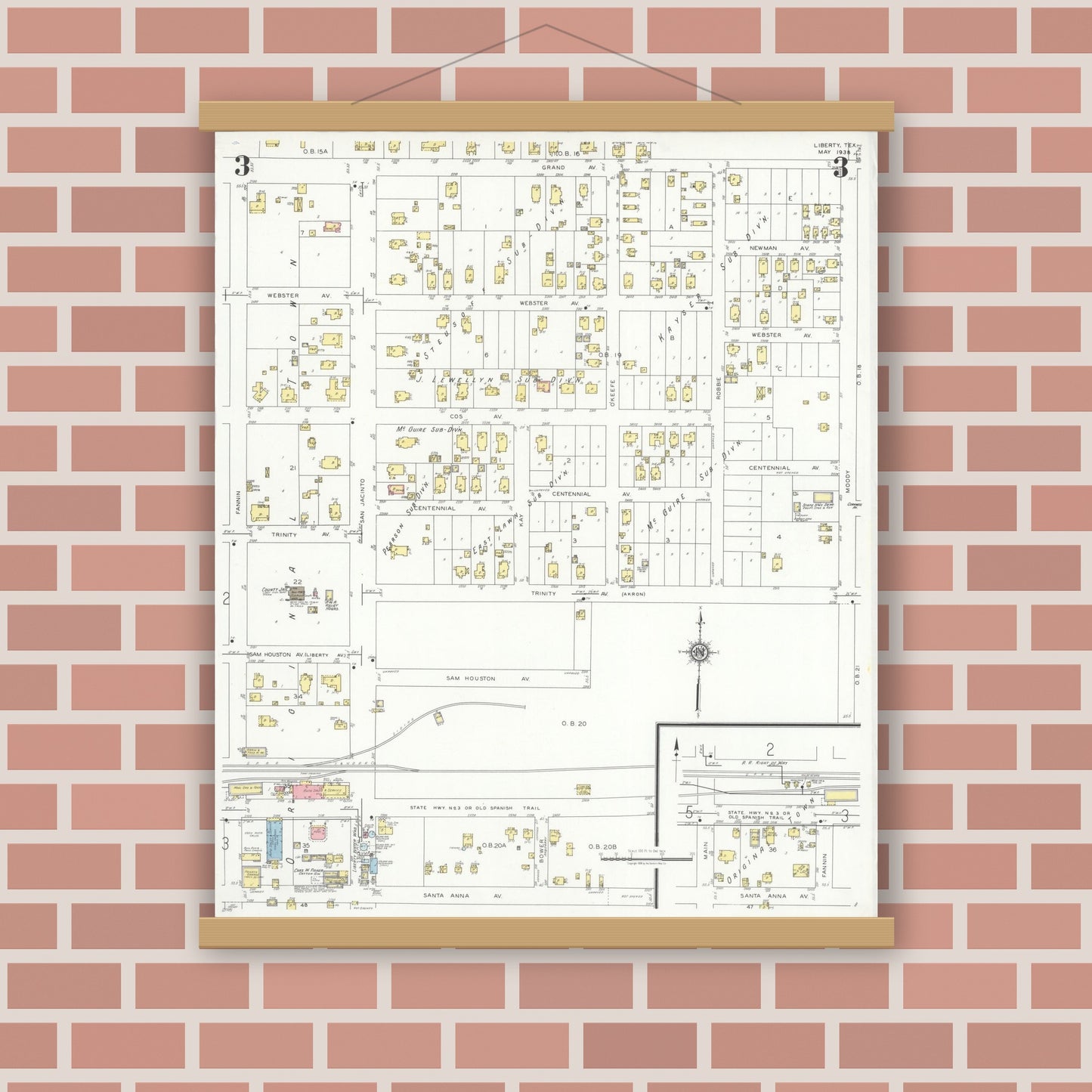 Old map wall art mockup — magnetic wood frame on brick wall — Sanborn Fire Insurance Map from Liberty, Liberty County, Texas (1938), Sheet #0003
