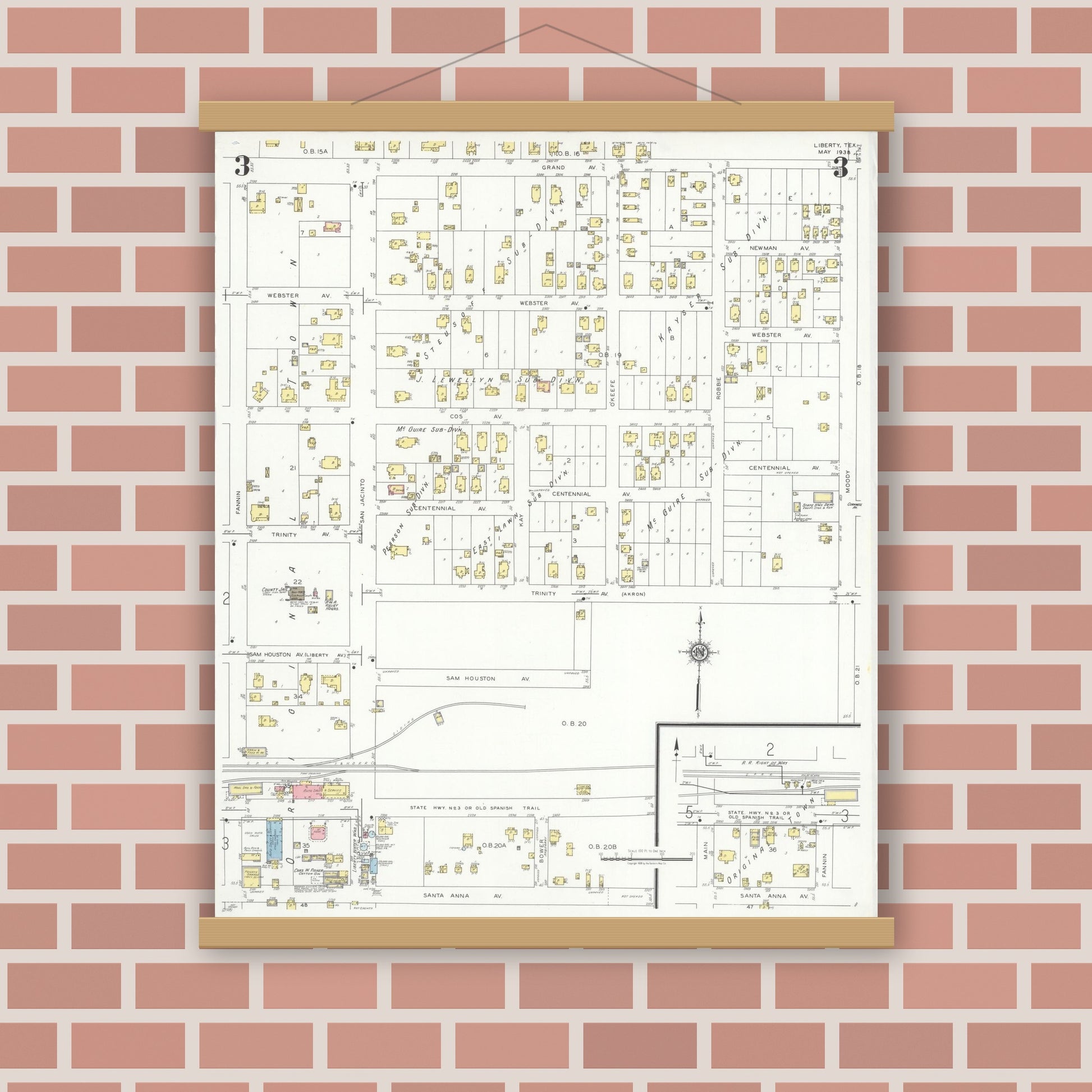 Old map wall art mockup — magnetic wood frame on brick wall — Sanborn Fire Insurance Map from Liberty, Liberty County, Texas (1938), Sheet #0003