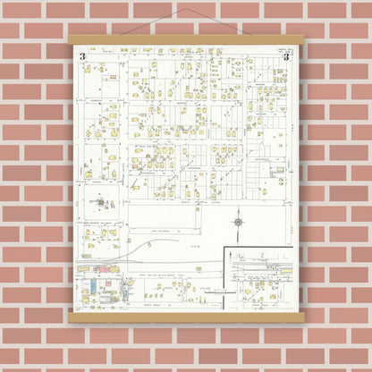 Old map wall art mockup — magnetic wood frame on brick wall — Sanborn Fire Insurance Map from Liberty, Liberty County, Texas (1938), Sheet #0003