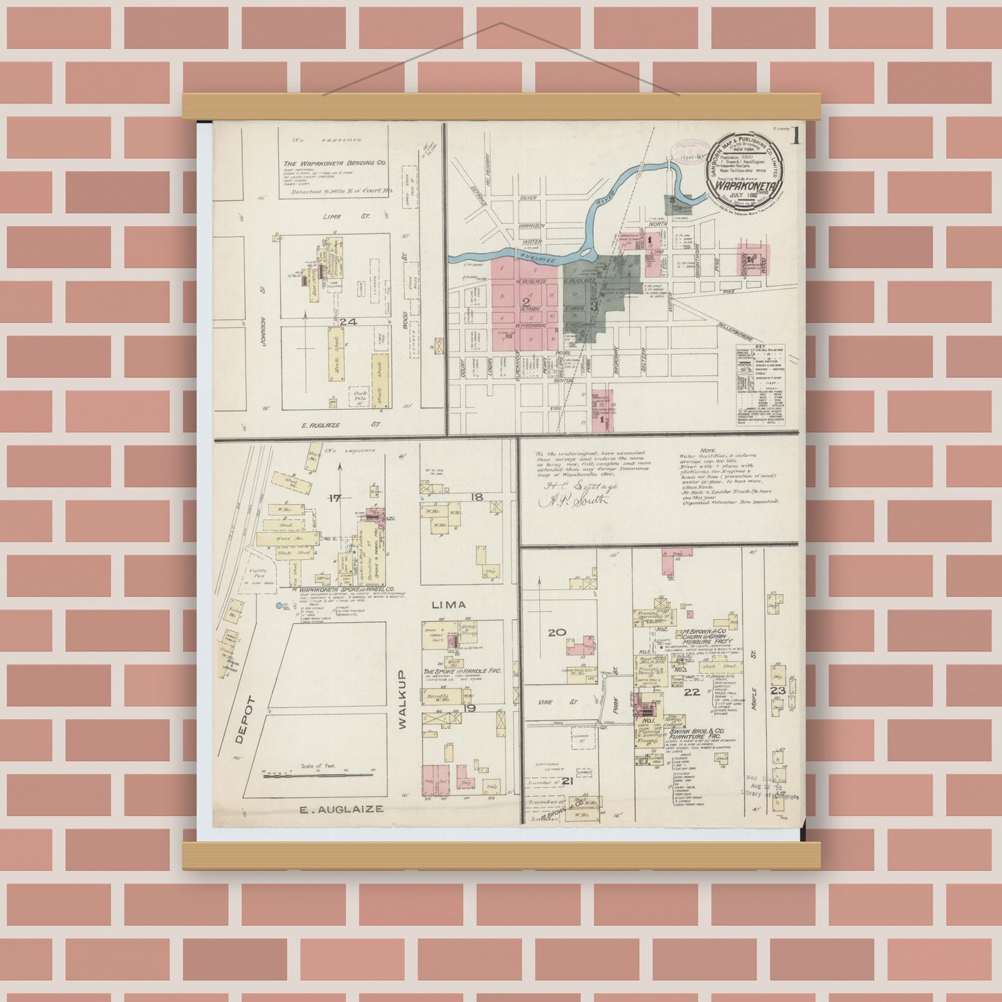 Old map wall art mockup — magnetic wood frame on brick wall — Sanborn Fire Insurance Map from Wapakoneta, Auglaize County, Ohio (1885) - Complete Map Set