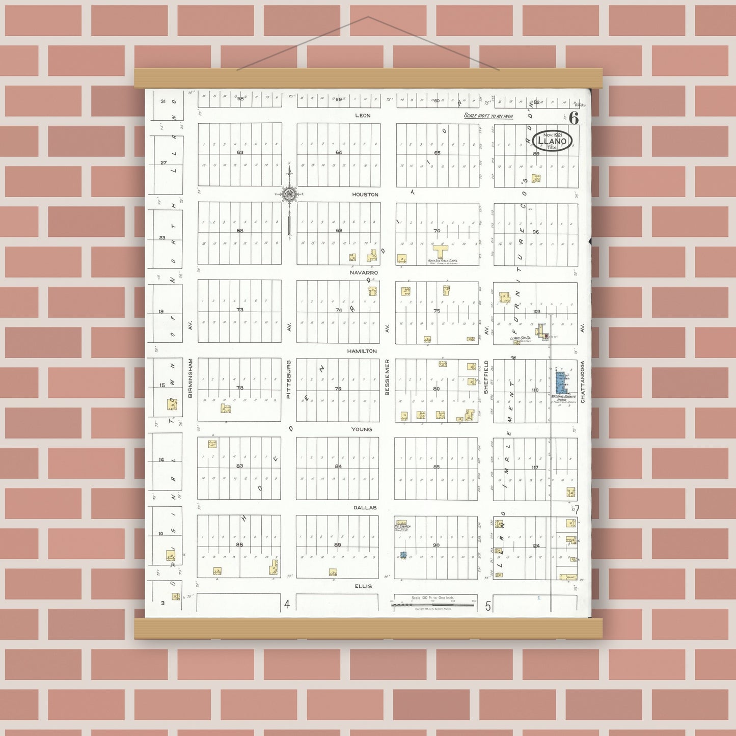 Old map wall art mockup — magnetic wood frame on brick wall — Sanborn Fire Insurance Map from Llano, Llano County, Texas (1921), Sheet #0006