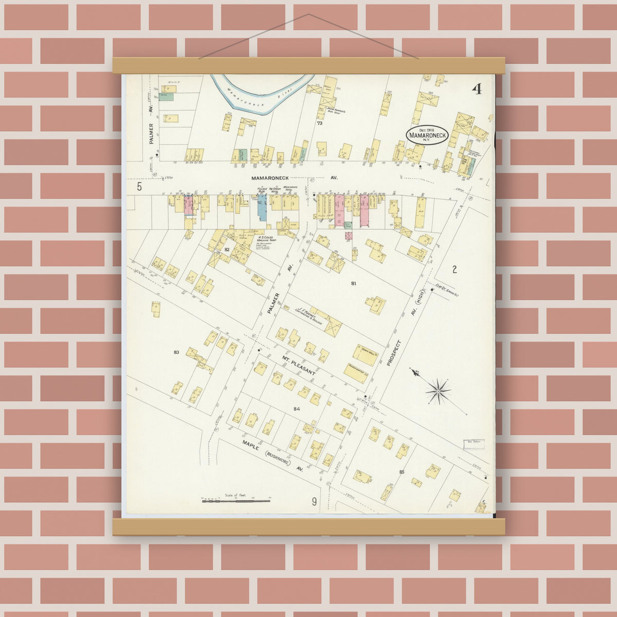 Old map wall art mockup — magnetic wood frame on brick wall — Sanborn Fire Insurance Map from Mamaroneck, Westchester County, New York (1908), Sheet #0004