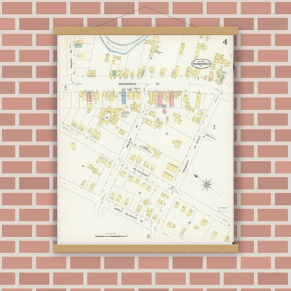 Old map wall art mockup — magnetic wood frame on brick wall — Sanborn Fire Insurance Map from Mamaroneck, Westchester County, New York (1908), Sheet #0004