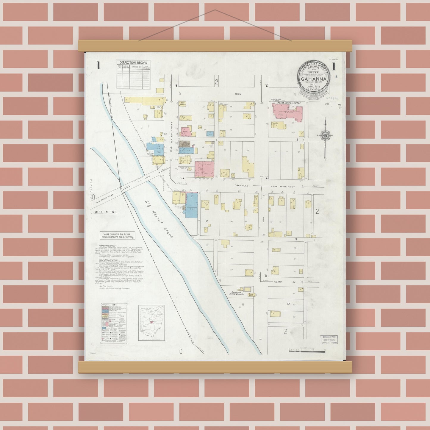 Old map wall art mockup — magnetic wood frame on brick wall — Sanborn Fire Insurance Map from Gahanna, Franklin County, Ohio (1946), Sheet #0001