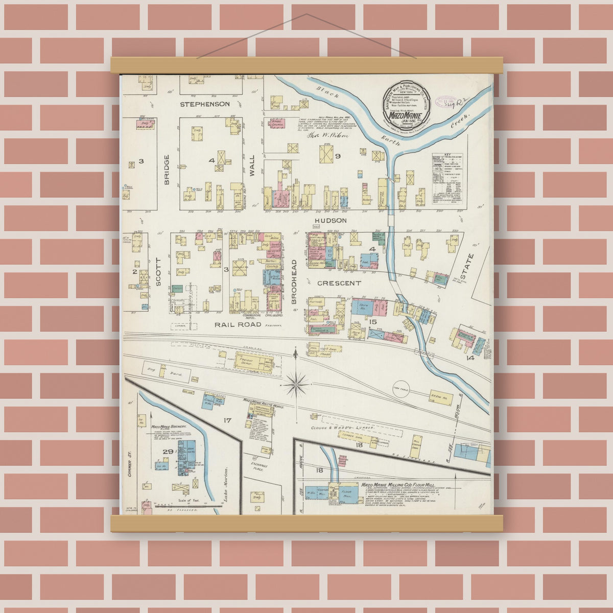 Old map wall art mockup — magnetic wood frame on brick wall — Sanborn Fire Insurance Map from Mazomanie, Dane County, Wisconsin (1886), Sheet #0001