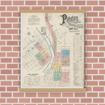 Old map wall art mockup — magnetic wood frame on brick wall — Sanborn Fire Insurance Map from Pittston, Luzerne County, Pennsylvania (1891) - Complete Map Set