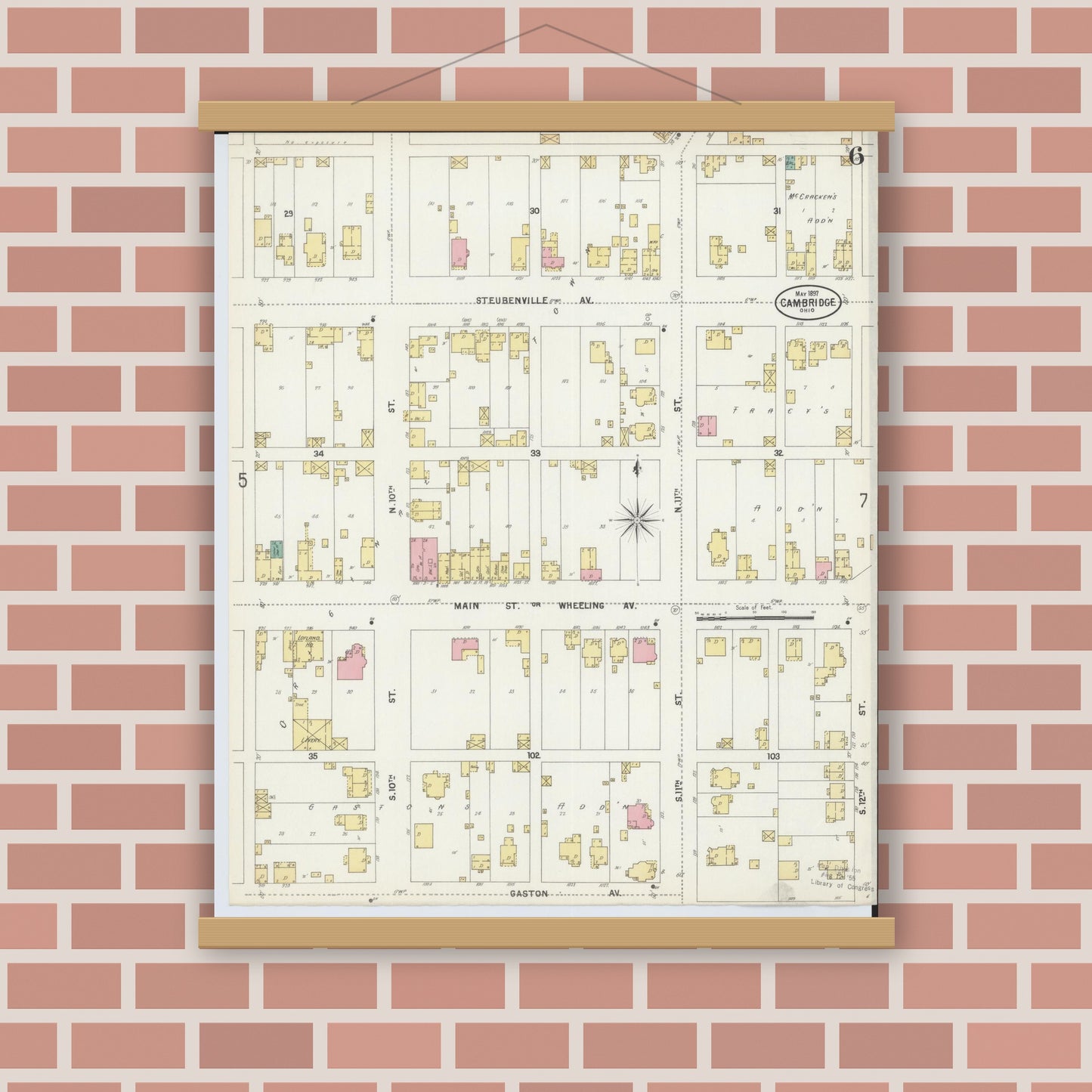 Old map wall art mockup — magnetic wood frame on brick wall — Sanborn Fire Insurance Map from Cambridge, Guernsey County, Ohio (1897), Sheet #0006