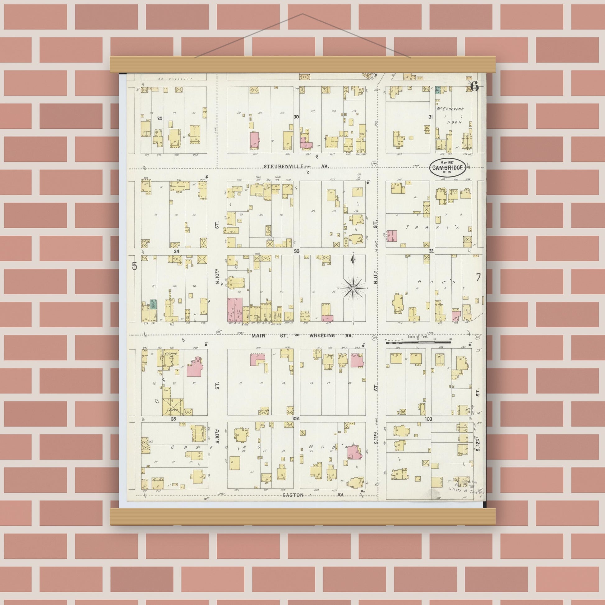 Old map wall art mockup — magnetic wood frame on brick wall — Sanborn Fire Insurance Map from Cambridge, Guernsey County, Ohio (1897), Sheet #0006