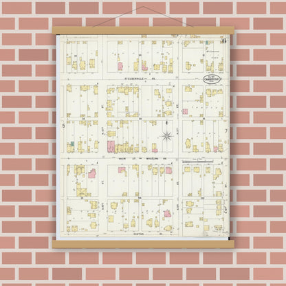 Old map wall art mockup — magnetic wood frame on brick wall — Sanborn Fire Insurance Map from Cambridge, Guernsey County, Ohio (1897), Sheet #0006
