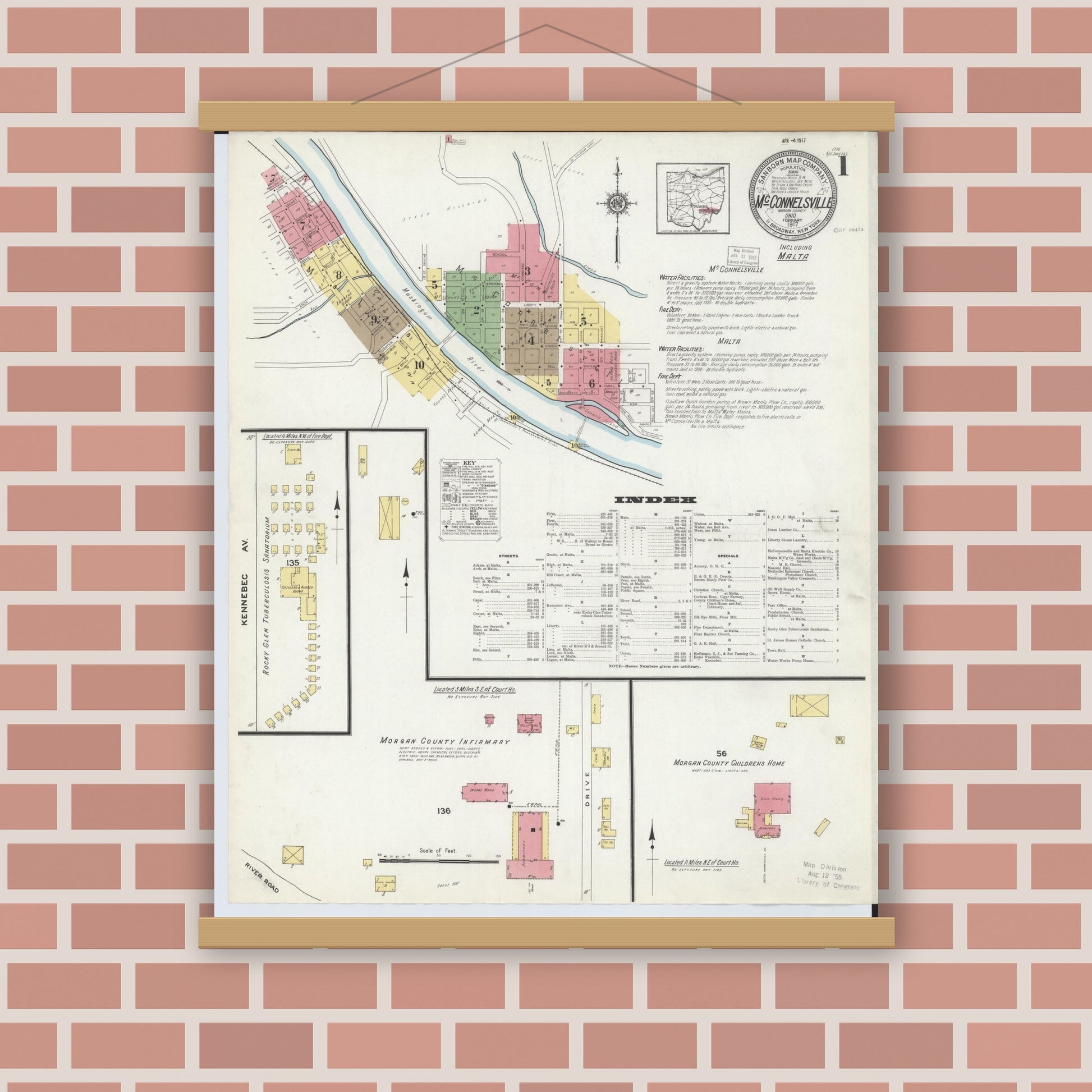 Old map wall art mockup — magnetic wood frame on brick wall — Sanborn Fire Insurance Map from McConnelsville, Morgan County, Ohio (1917), Sheet #0001