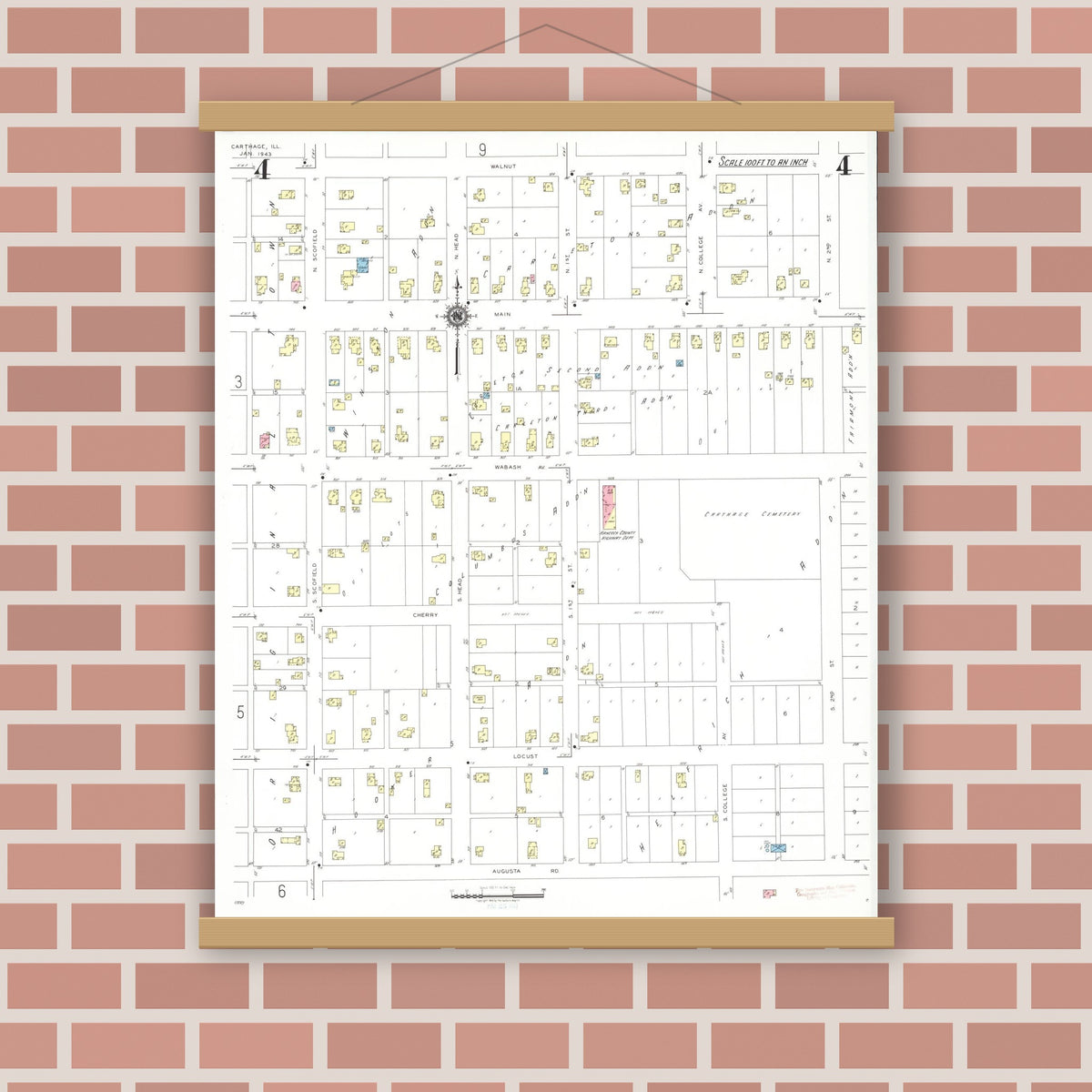 Old map wall art mockup — magnetic wood frame on brick wall — Sanborn Fire Insurance Map from Carthage, Hancock County, Illinois (1943), Sheet #0004