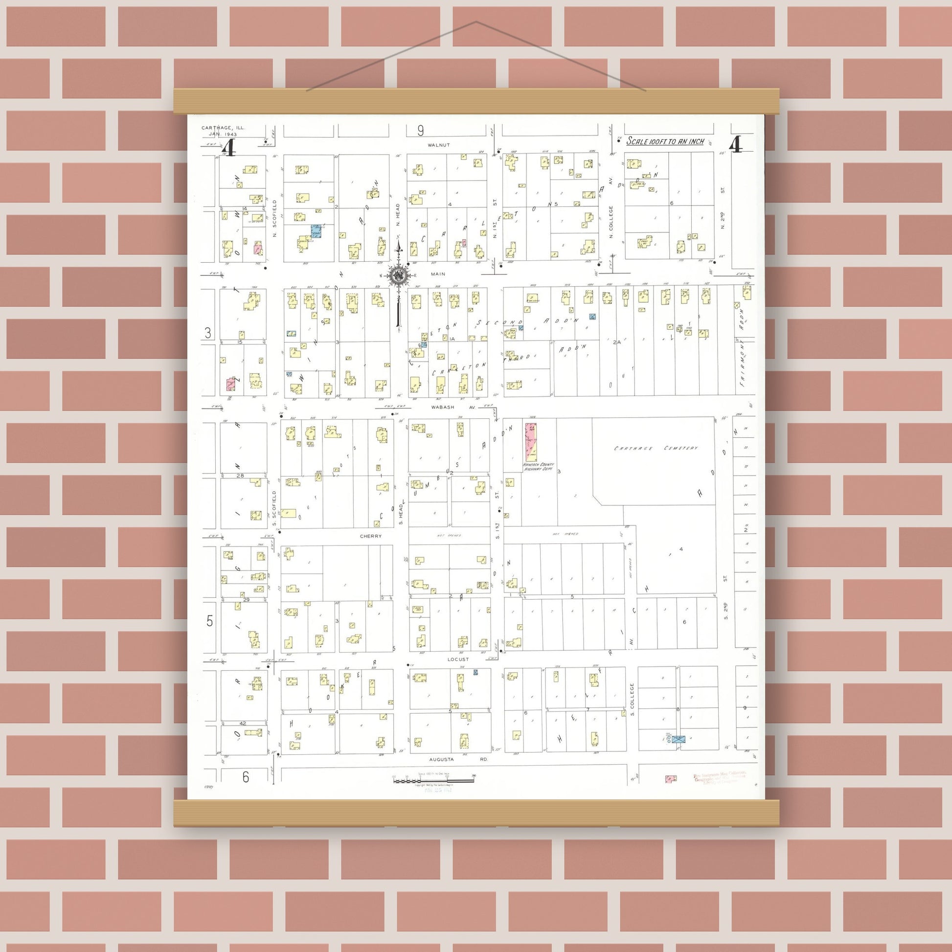 Old map wall art mockup — magnetic wood frame on brick wall — Sanborn Fire Insurance Map from Carthage, Hancock County, Illinois (1943), Sheet #0004