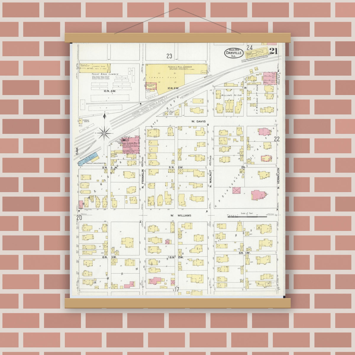 Old map wall art mockup — magnetic wood frame on brick wall — Sanborn Fire Insurance Map from Danville, Vermilion County, Illinois (1909), Sheet #0021